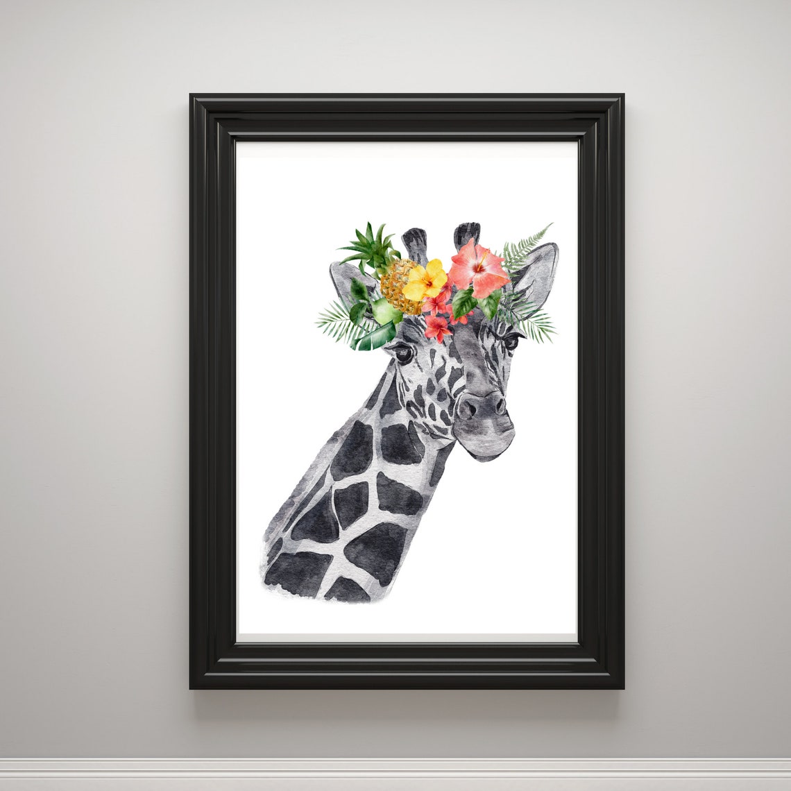Giraffe With Tropical Flower Crown Watercolor Safari Animal Art Poster