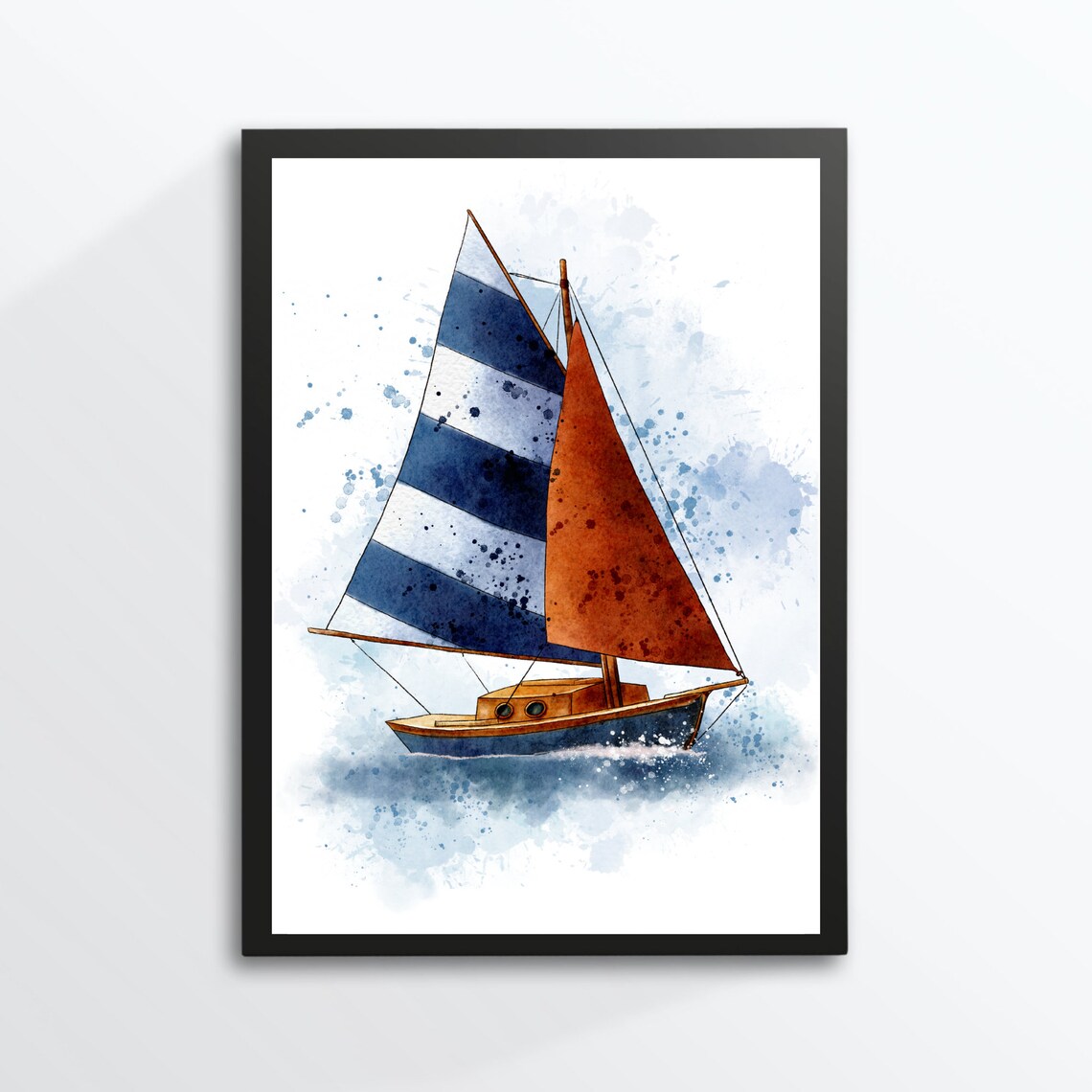 Watercolor Sailboat Striped Blue Orange Sails Maritime Nautical Art Print - Image 2