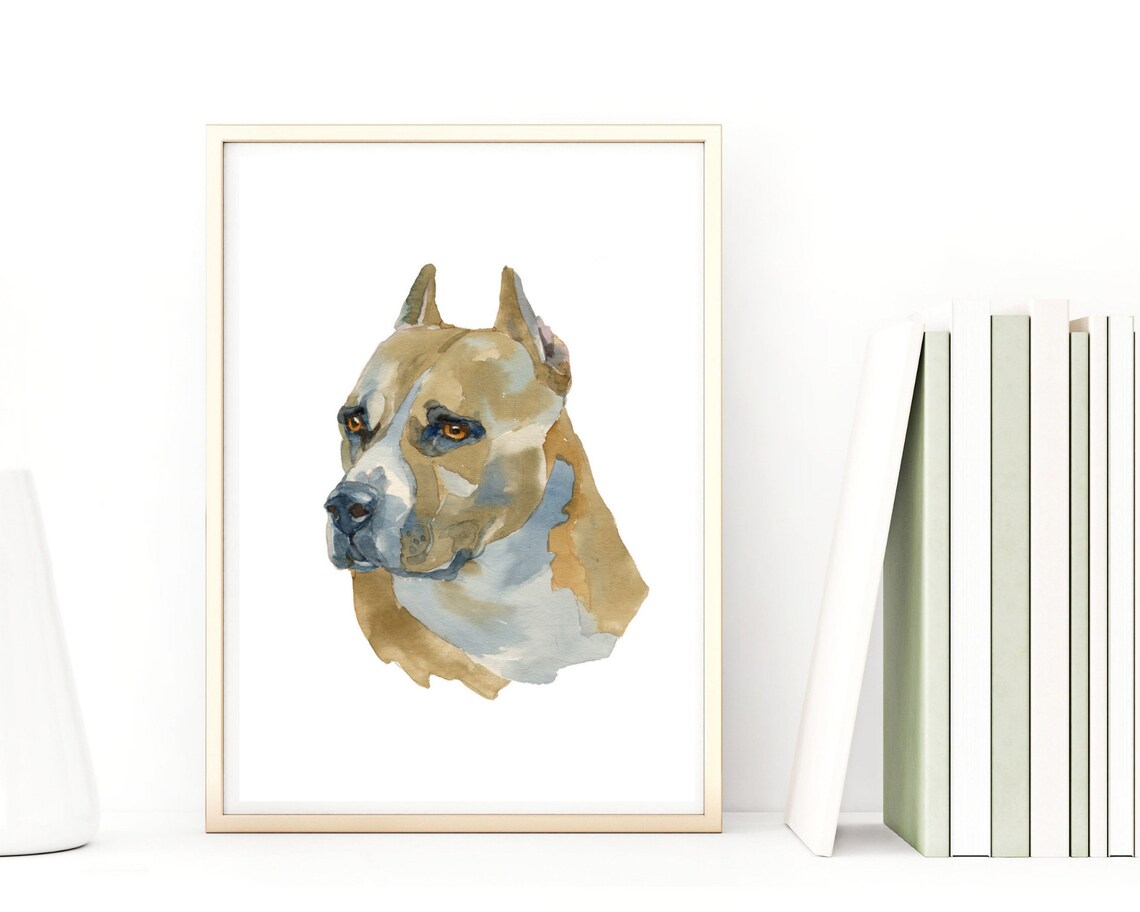 Staffordshire Terrier Tan Watercolor Portrait Dog Breed Wall Art