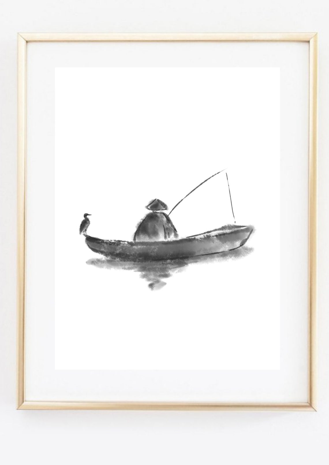 Din A4 Art Print Without Frame Angler Cormorant Fisherman Fisherman Fishing Boat Fishing Ink Watercolor Asian Painting Poster - Image 2