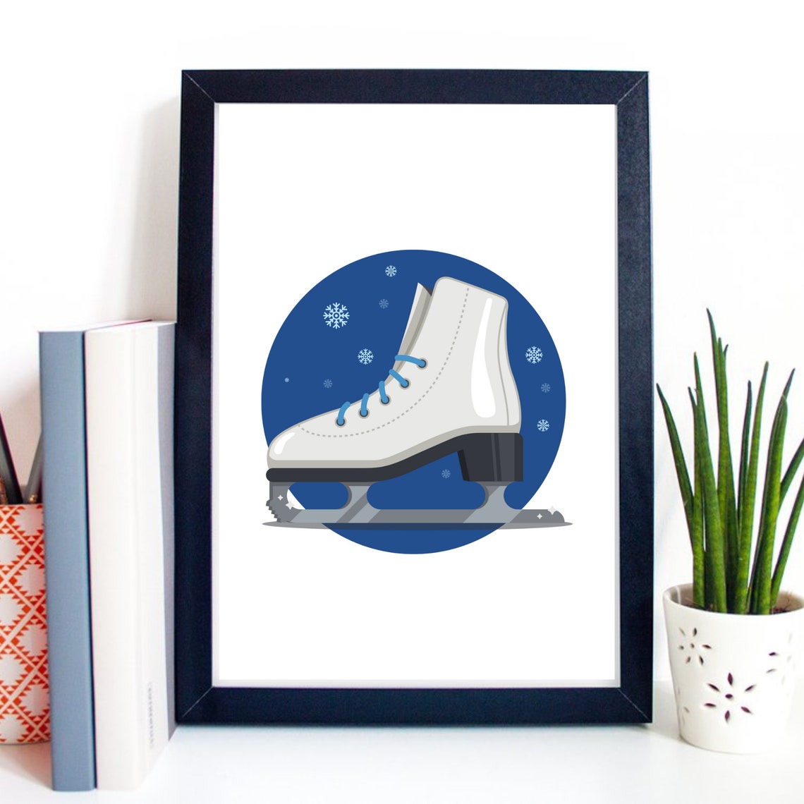 White Ice Skate Blue Snowflake Circle Winter Sports Wall Art - Image 2