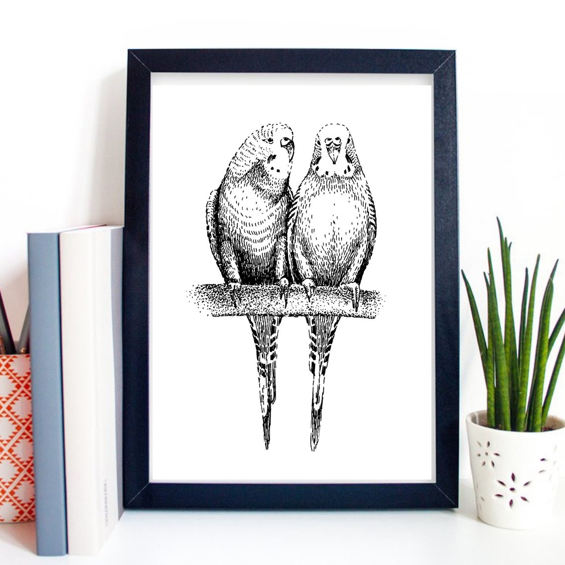 Budgerigar Budgie Pair Perched On Branch Black Ink Sketch Bird Poster - Image 2