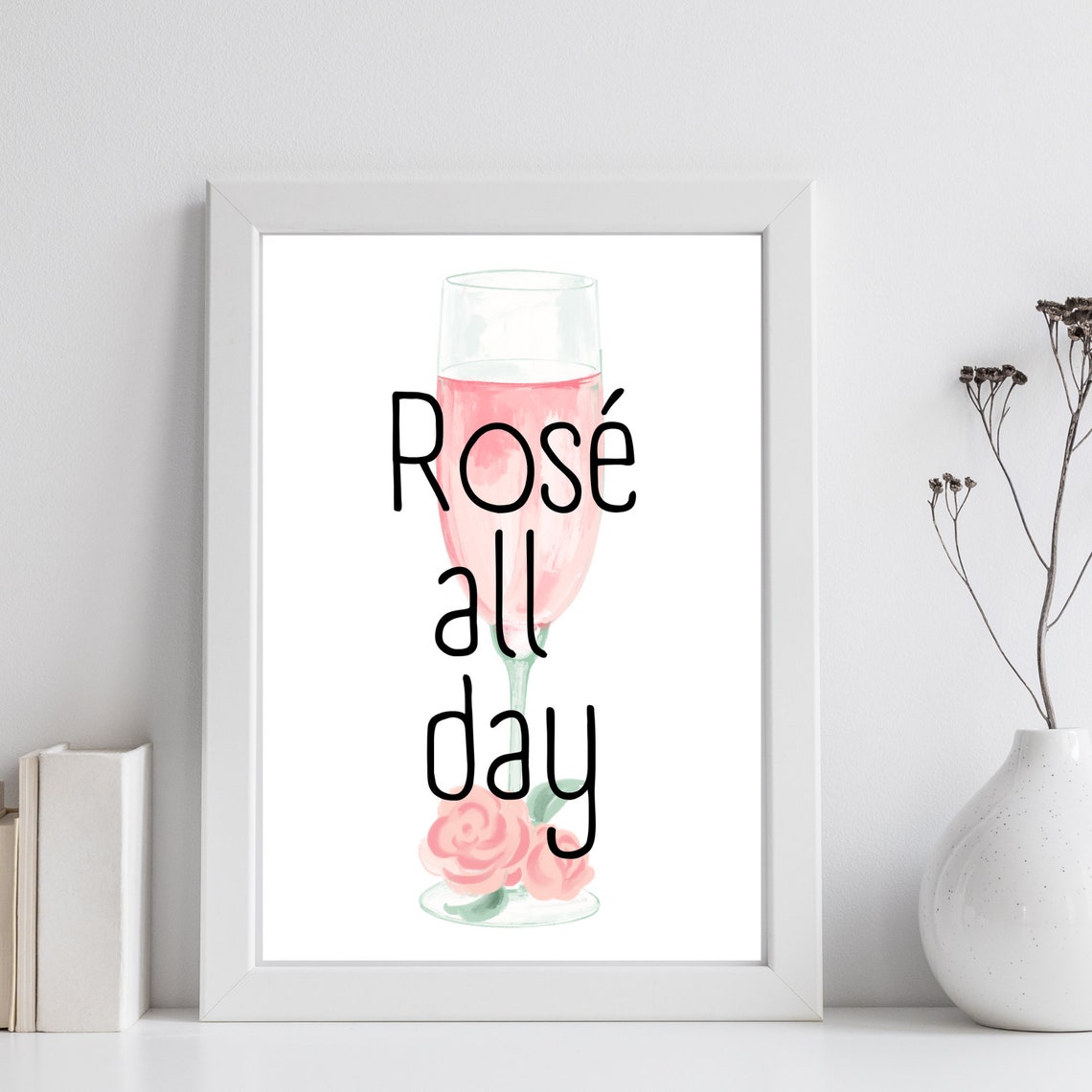 Rose All Day Wine Quote Watercolor Glass Floral Kitchen Wall Art - Image 3