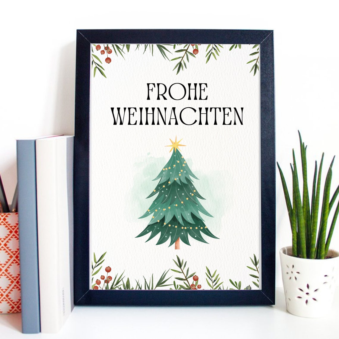 Frohe Weihnachten Christmas Tree Watercolor German Holiday Gift Poster - Image 2