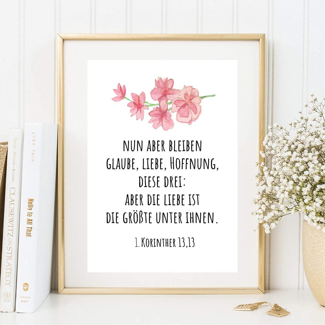 Bible Verse Faith Hope Love German Typography Cherry Blossom Wall Art - Image 3