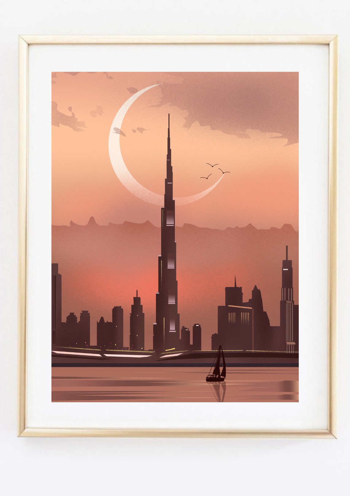 Dubai Burj Khalifa Sunset Crescent Moon Skyline Illustration Poster