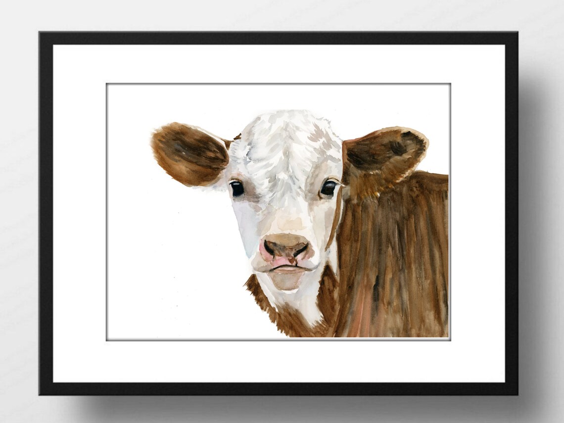 Calf Portrait Watercolor Brown White Baby Cow Cute Farm Animal Poster