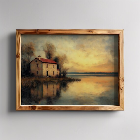 Peaceful Lakeside Cottage At Sunset, Rustic Oil Painting