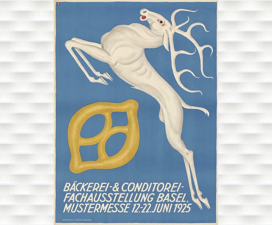 1925 Basel Swiss Bakery Exhibition Leaping Stag Pretzel Vintage Poster