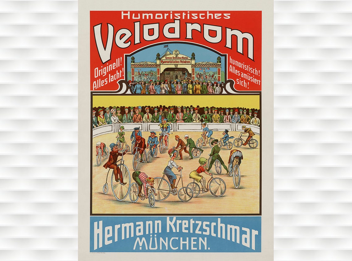 Humoristisches Velodrom Munich Vintage German Comic Cycling Poster
