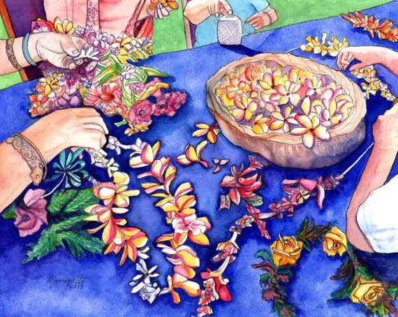 May Day Lei Day Lei Makers Hawaii Art Print Hawaiian Lei Hawaii Flowers Plumeria Lei Aloha Art Mahalo Made In Hawaii