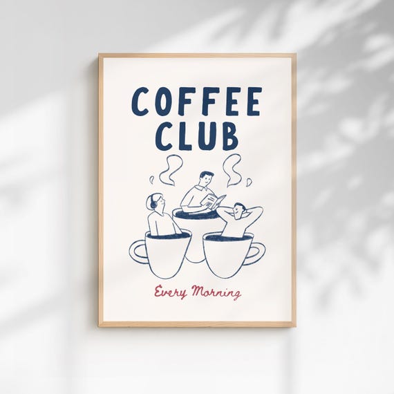 Retro Coffee Club Print Bar Art Cozy Kitchen Decor