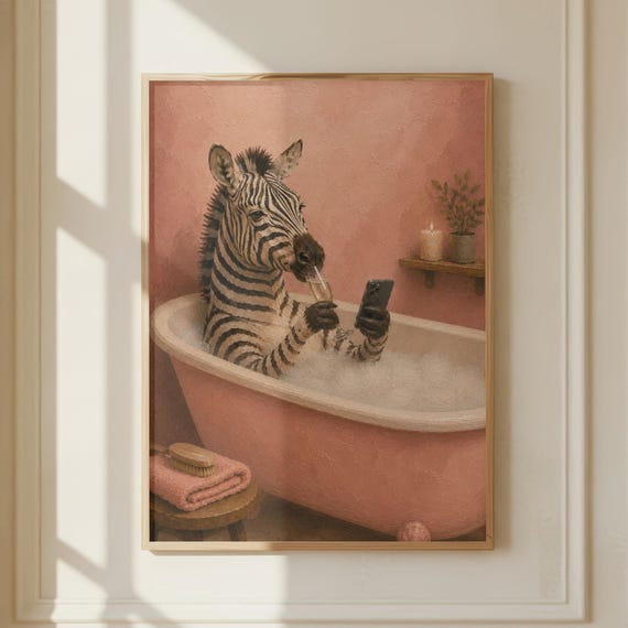Funny Zebra Bath Print Whimsical Animal Artwork Pink Bathtub Champagne Decor