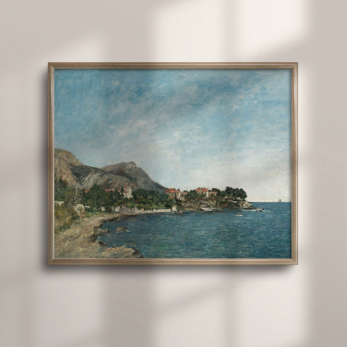Sunlit Coastal Village Impressionist Seascape Painting Poster