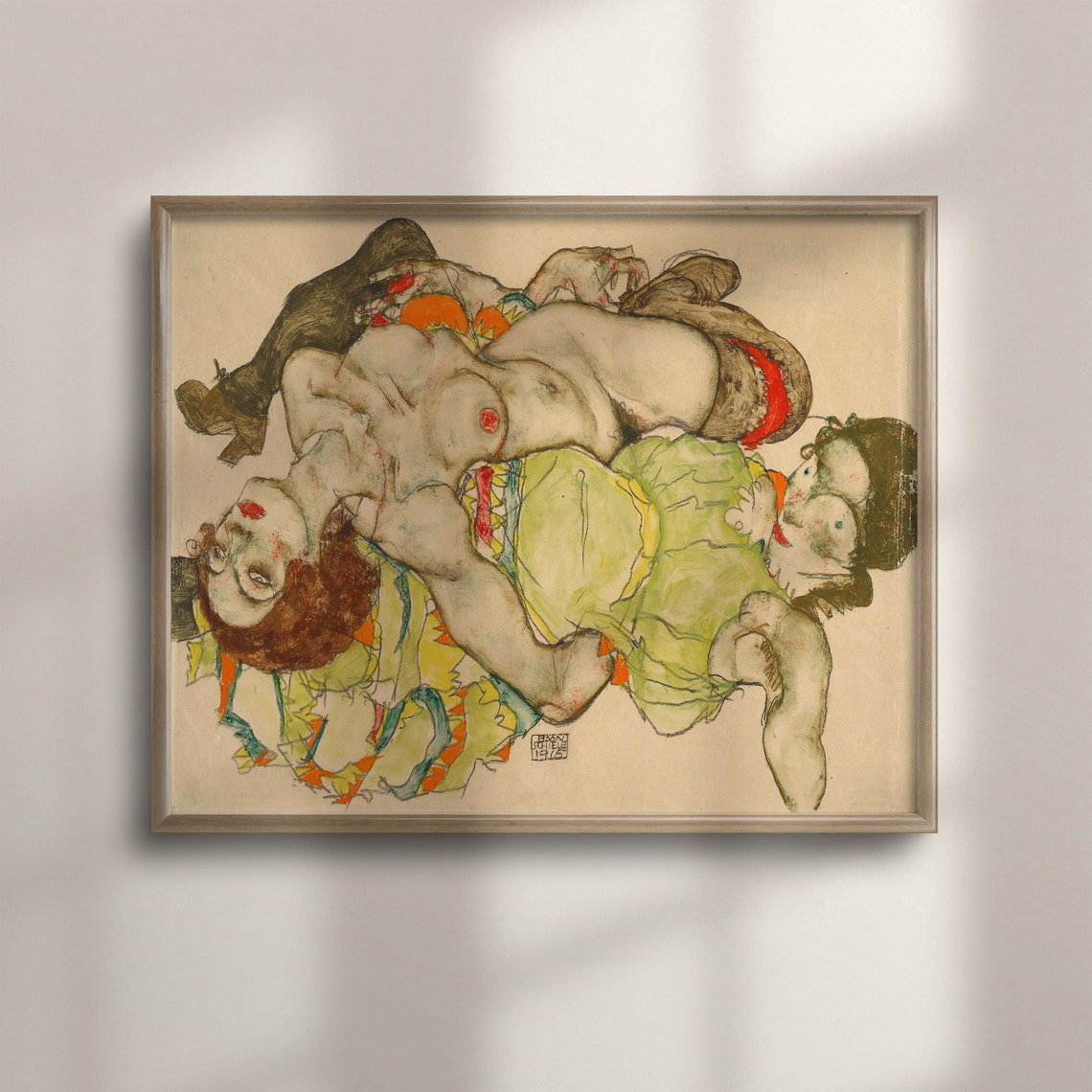 Egon Schiele Style Embrace Expressionist Nude Drawing Poster