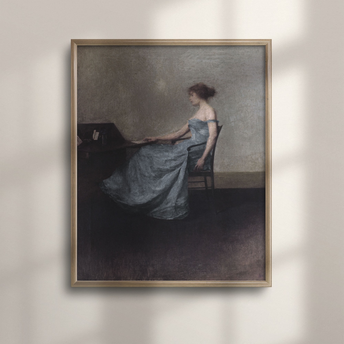 Woman in Blue Gown at Piano Moody Vintage French Portrait Painting Poster