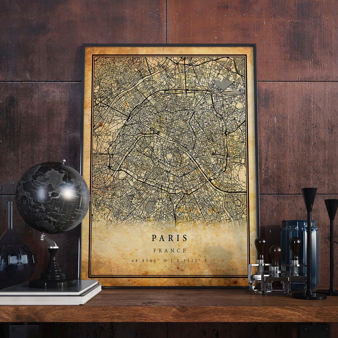 Paris Vintage Map Poster, Rustic France Travel Print