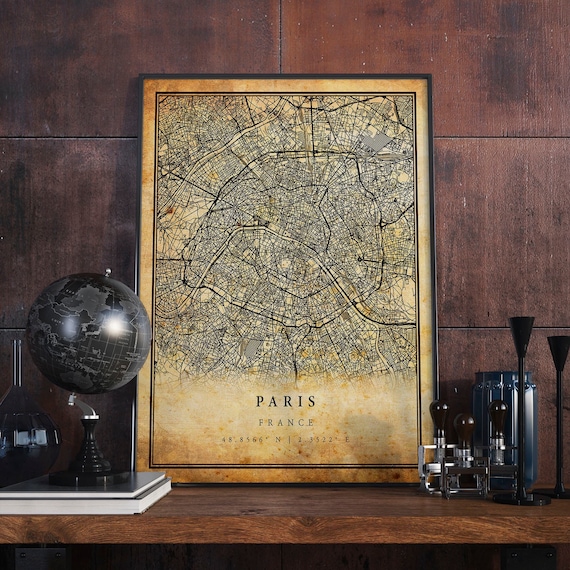 Paris Vintage Map Poster, Rustic France Travel Print