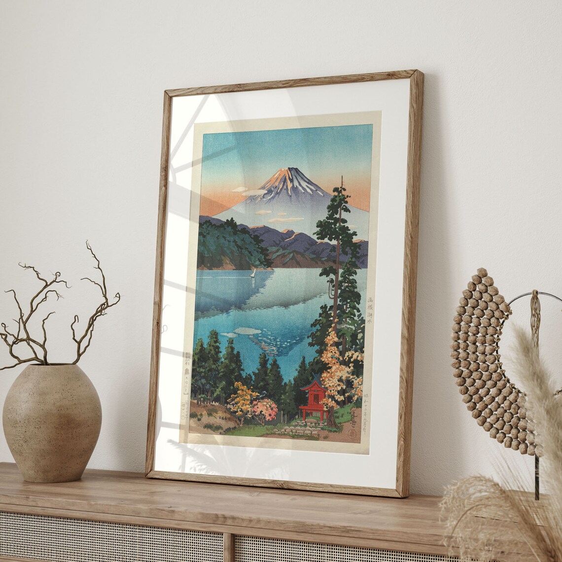 Mount Fuji over Lake Hakone Japanese Woodblock with a Red Shrine Poster - Image 4