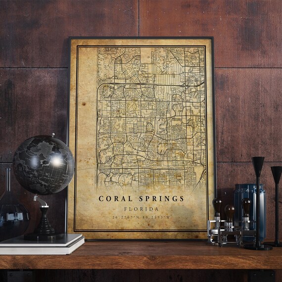 Coral Springs Vintage Map Poster Wall Art City Artwork Print Antique Rustic Old Style Home Decor Florida Prints Gift Vm209