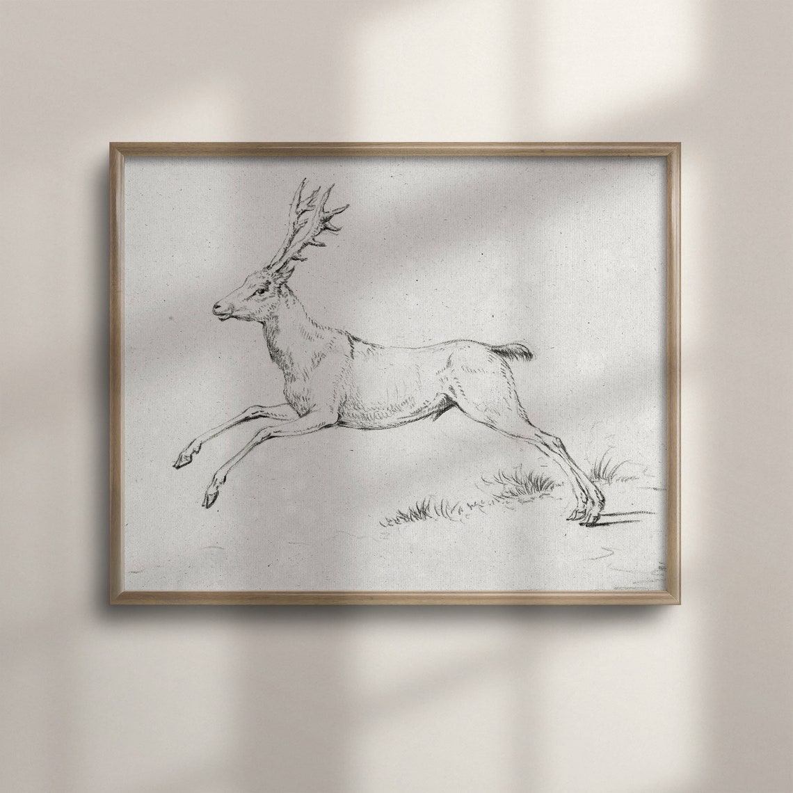 Leaping Stag Antique Pencil Sketch Neutral Wildlife Drawing Poster