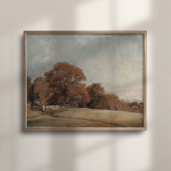 Big Orange Autumn Tree By Fence Open Field Vintage Countryside Painting Poster