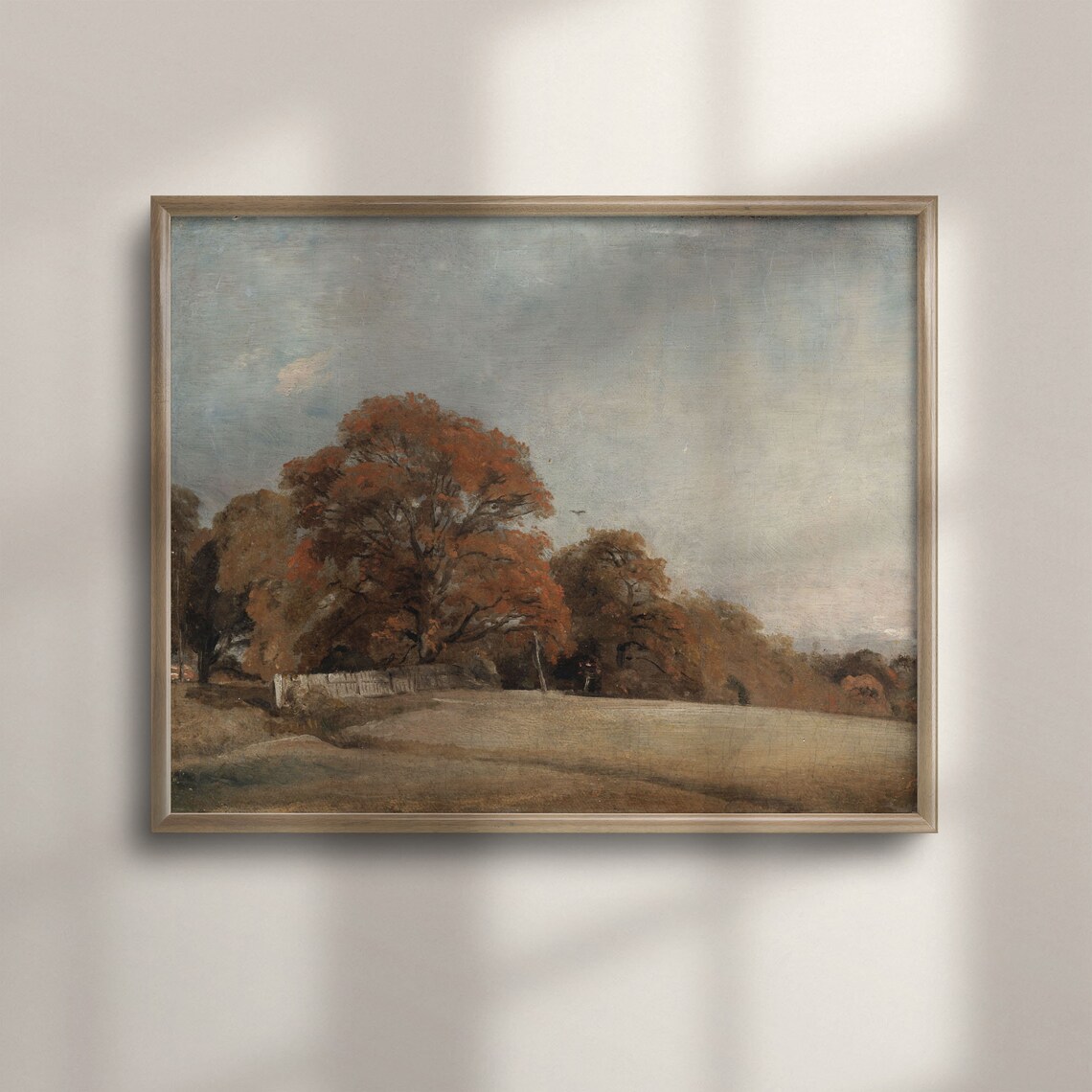 Big Orange Autumn Tree By Fence Open Field Vintage Countryside Painting Poster