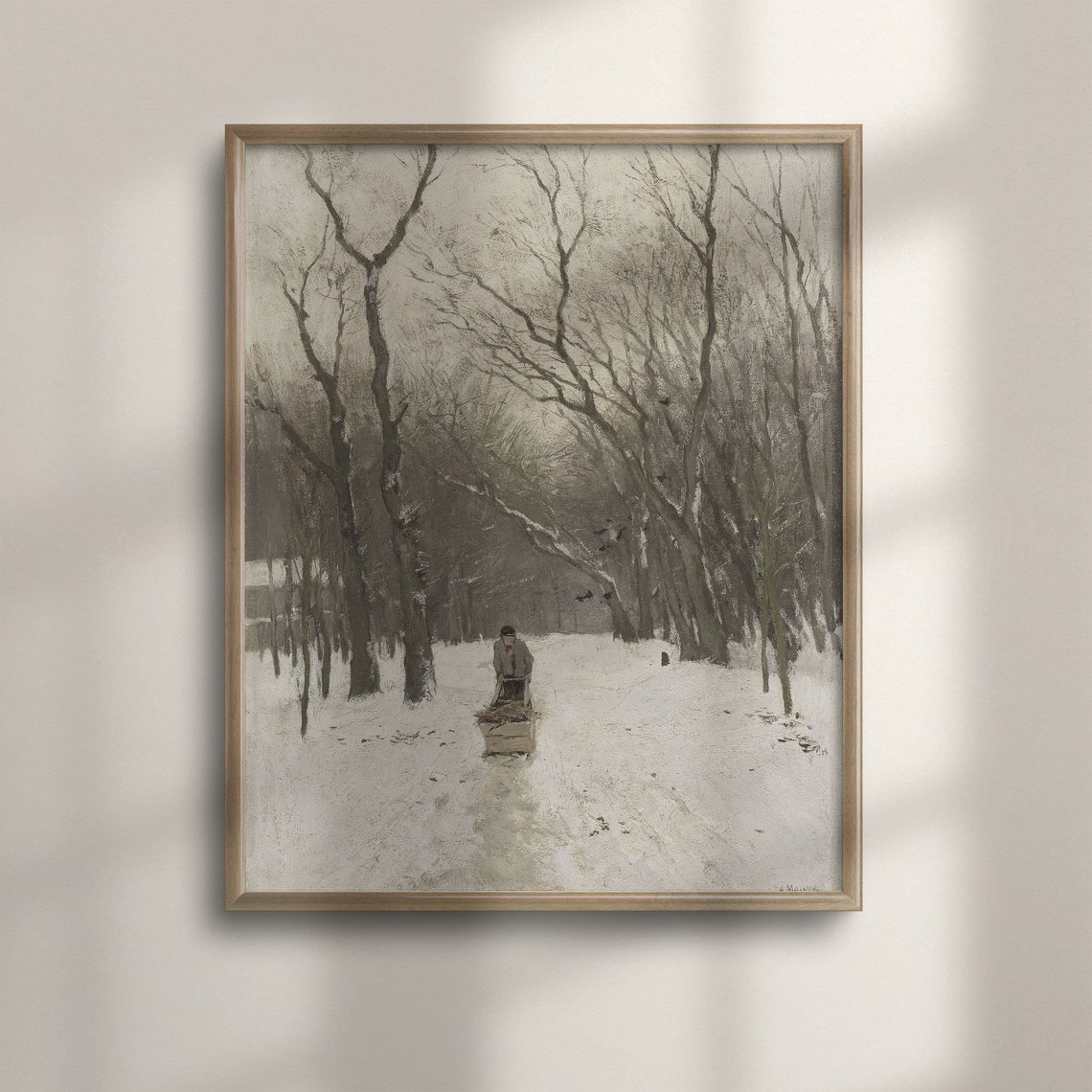 Snowy Winter Forest Path Vintage Oil Landscape Painting Poster