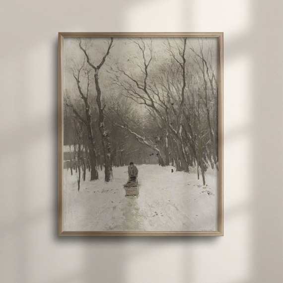 Snowy Winter Forest Path Vintage Oil Landscape Painting Poster