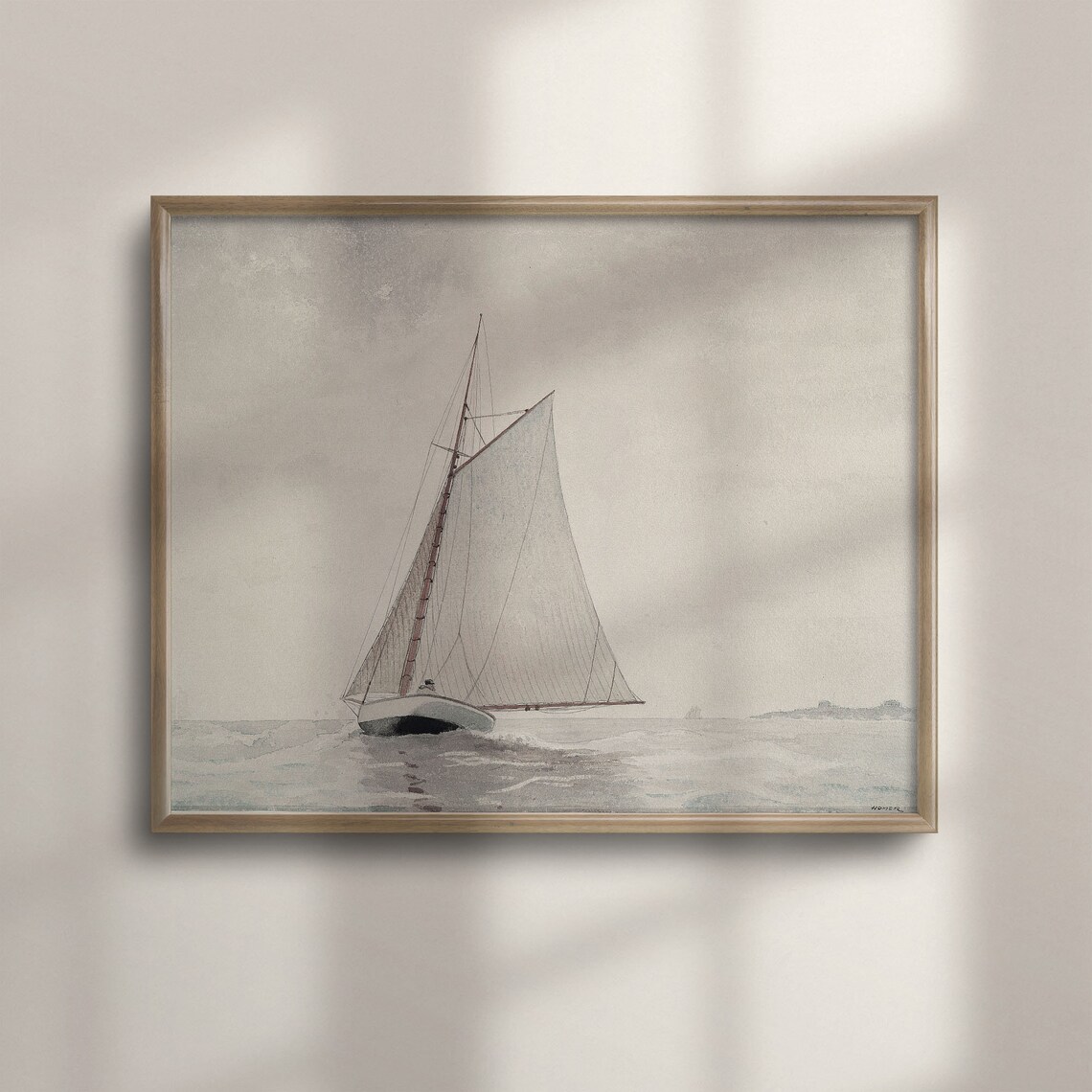 Vintage Sailboat Painting, Neutral Nautical Art Print