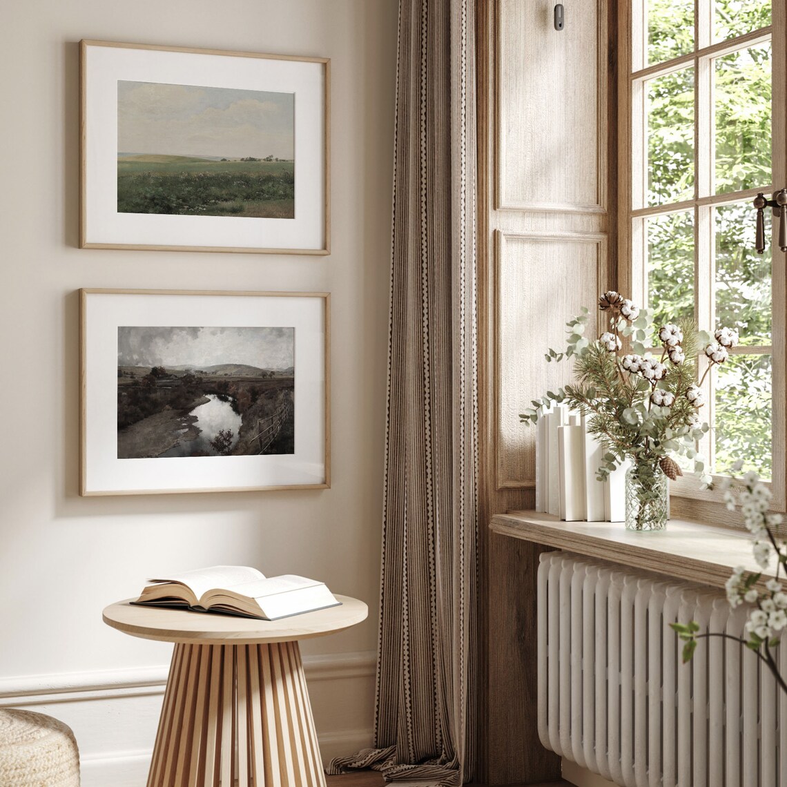 Moody River Wooden Fence Autumn Hills Reflective Water Vintage Painting Poster - Image 3