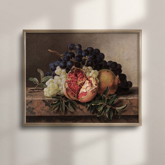 Vintage Pomegranate And Grape Still Life Artwork Kitchen Wall Decor Fine Art Fruit Painting Food Art Still Life Decor C16 594