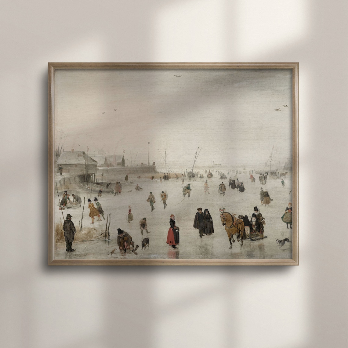 Vintage Dutch Frozen Canal Ice Skaters Winter Village Art Poster