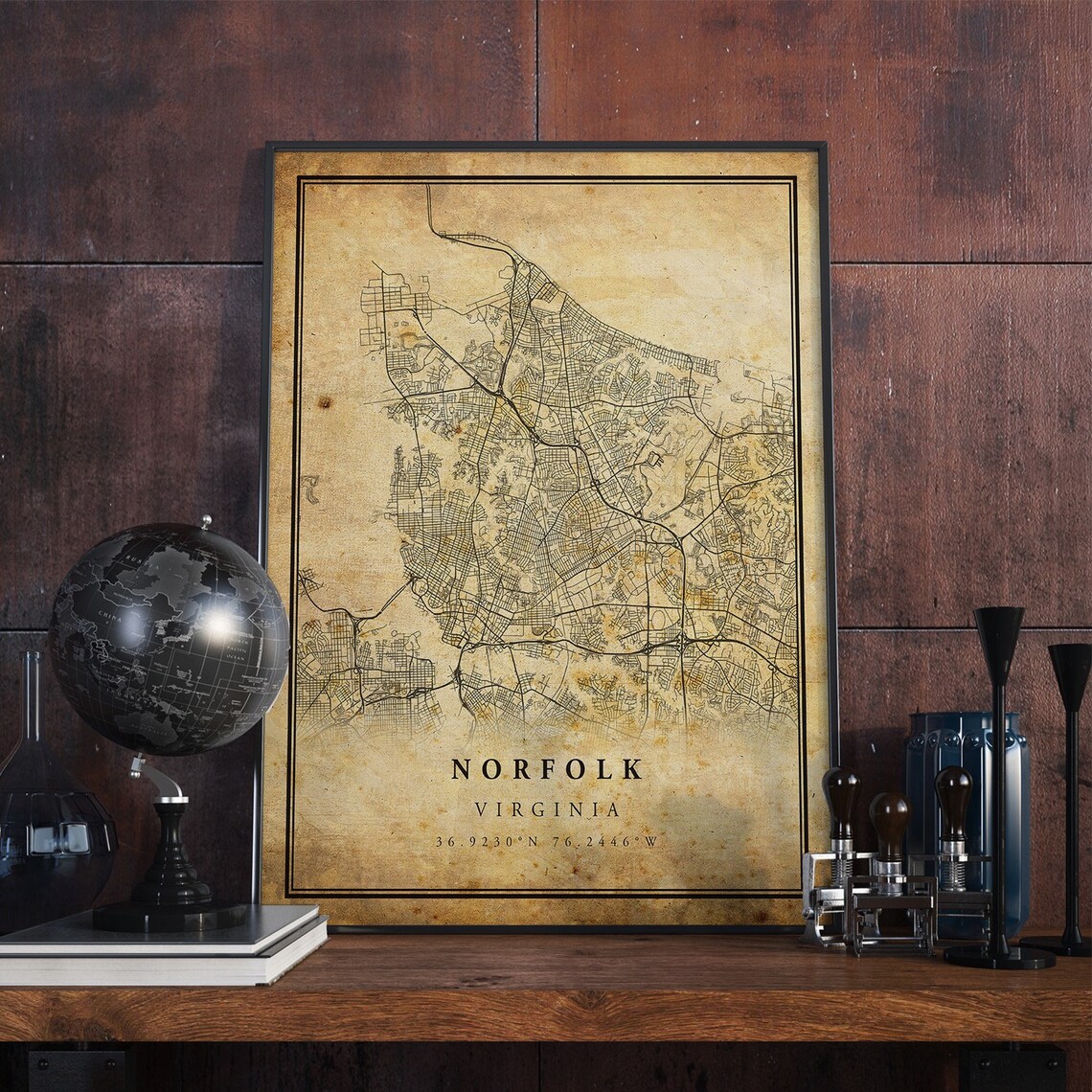 Norfolk Vintage Map Poster, Rustic Virginia Art Print