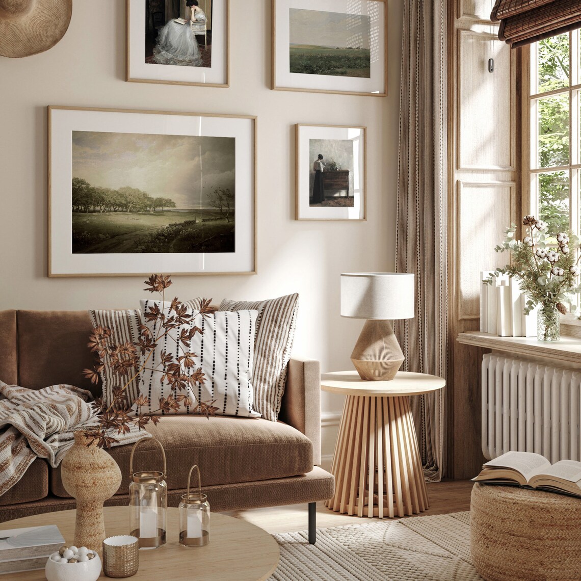Set of Two Vintage Meadow Landscape Paintings Farmhouse Wall Poster - Image 3