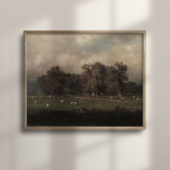 Sheep Grazing Dark Green Pasture Stormy Sky Vintage Pastoral Painting Poster