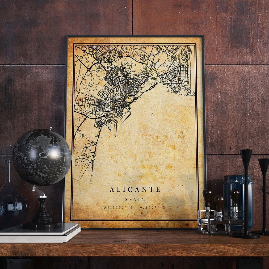 Alicante Vintage Map Poster, Antique Rustic Spain