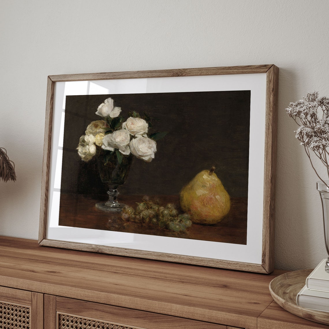 White Roses Grapes and Pear Vintage Still Life Oil Painting Poster - Image 4