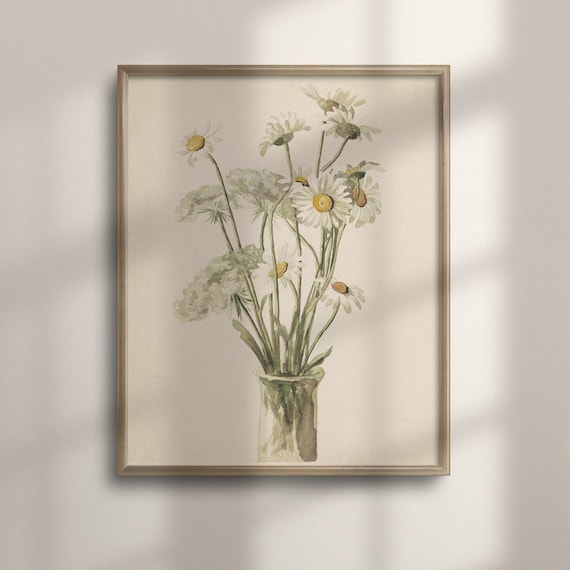 Botanical Daisy Watercolor Art Print, Vintage Farmhouse