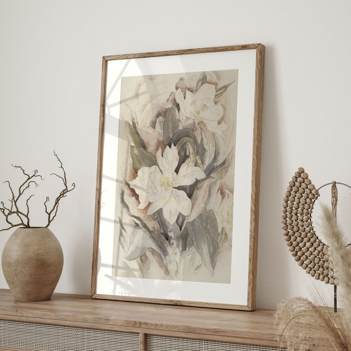 Soft Watercolor White Flowers in Muted Neutral Tones Floral Art Poster - Image 4