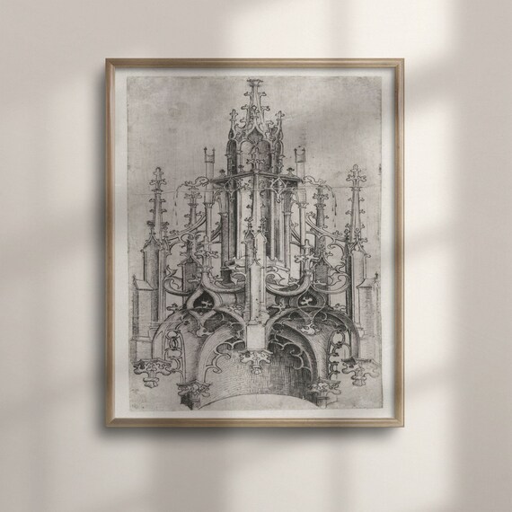Gothic Fountain Tabernacle Antique Italian Architecture Engraving Art Poster