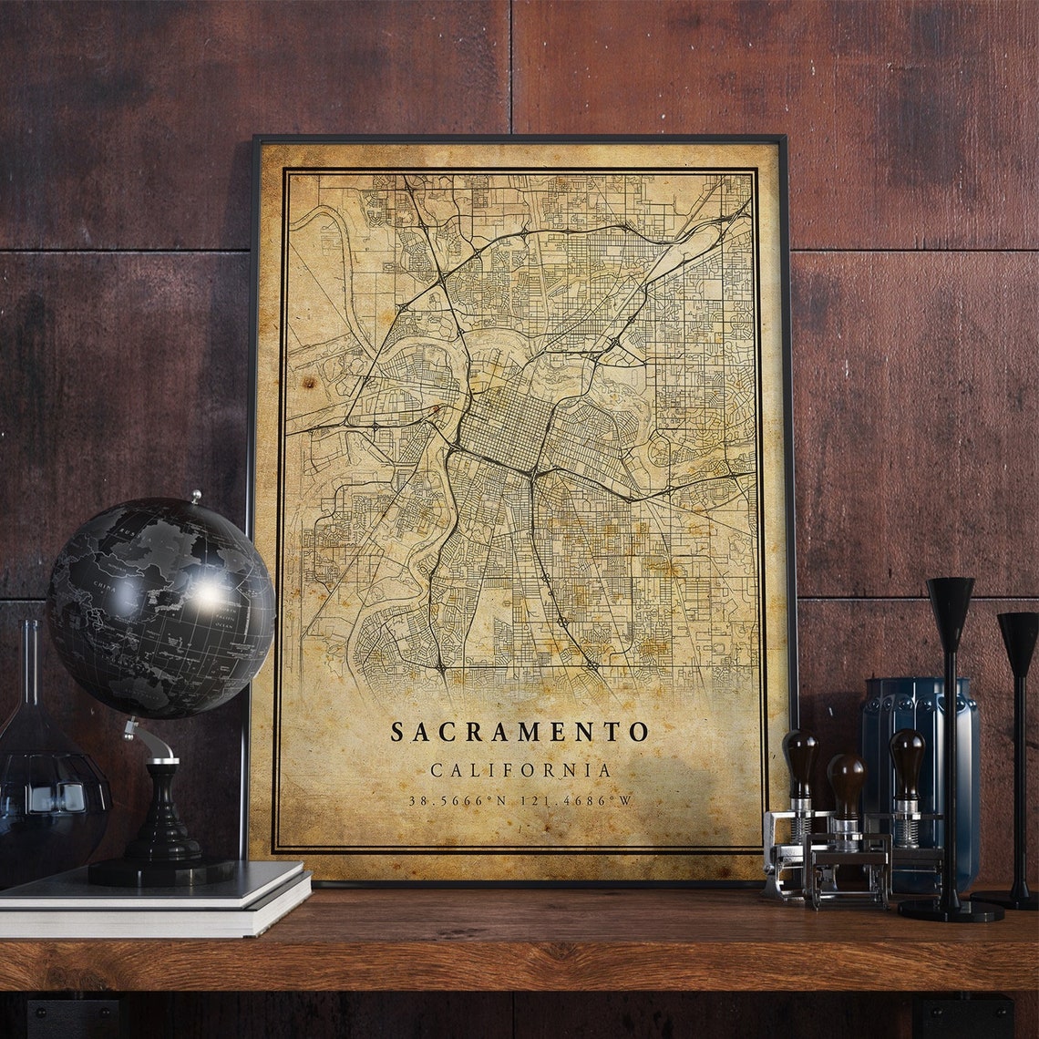 Sacramento California Vintage City Street Map With Coordinates Poster