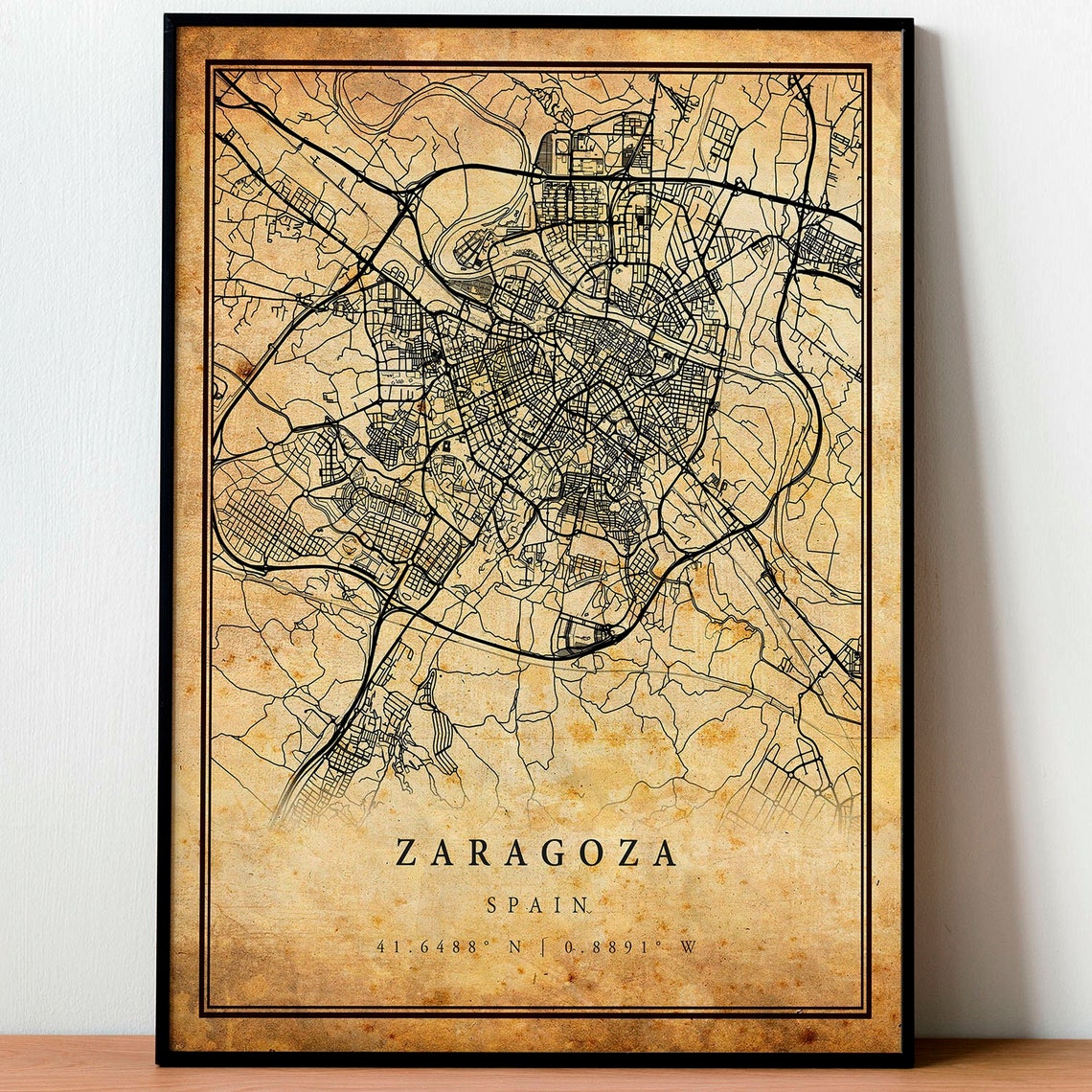 Zaragoza Spain Vintage City Street Map Antique Coordinate Art Poster
