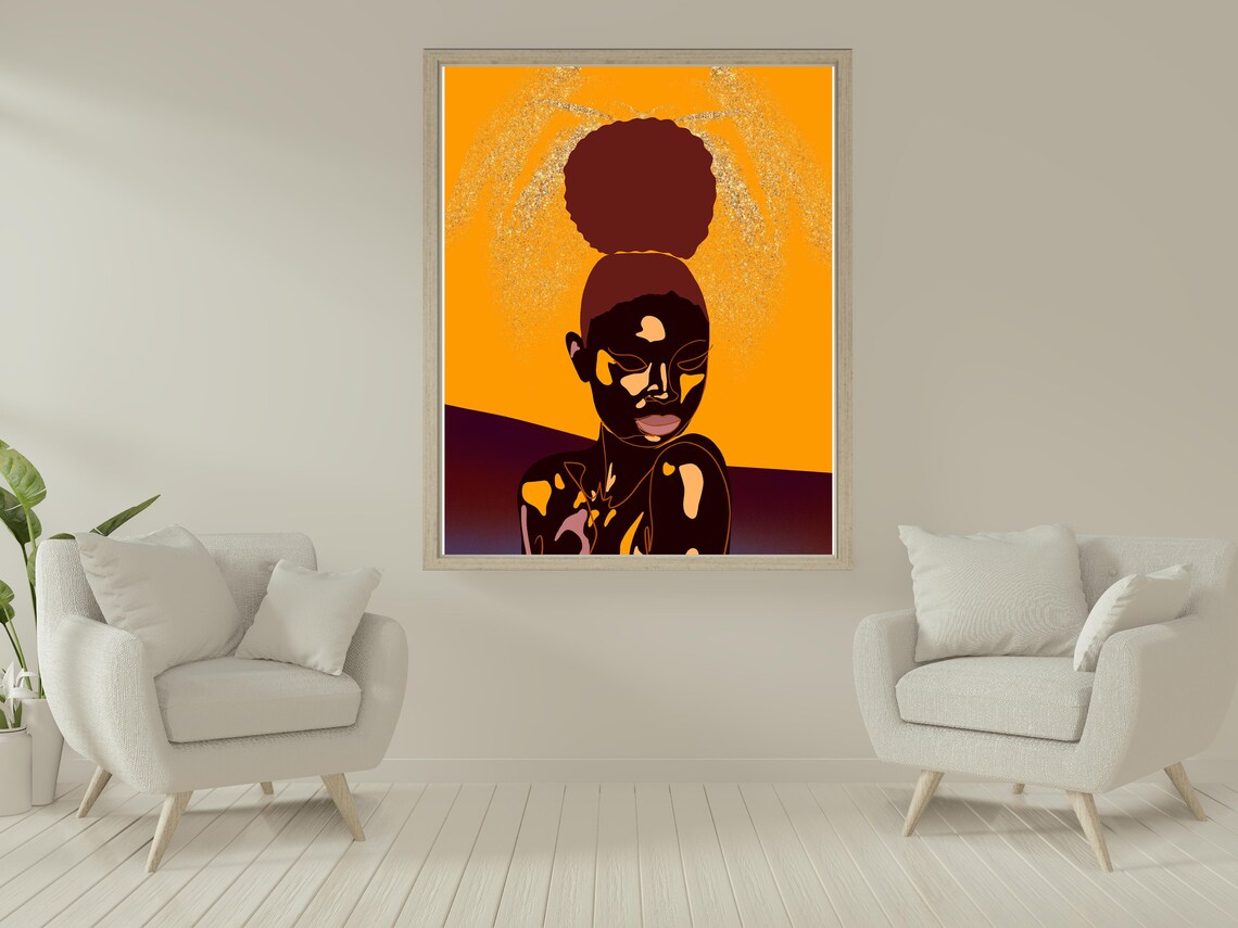 Bold Afro Woman Golden Sunset Orange Glitter Modern Art Poster - Image 4