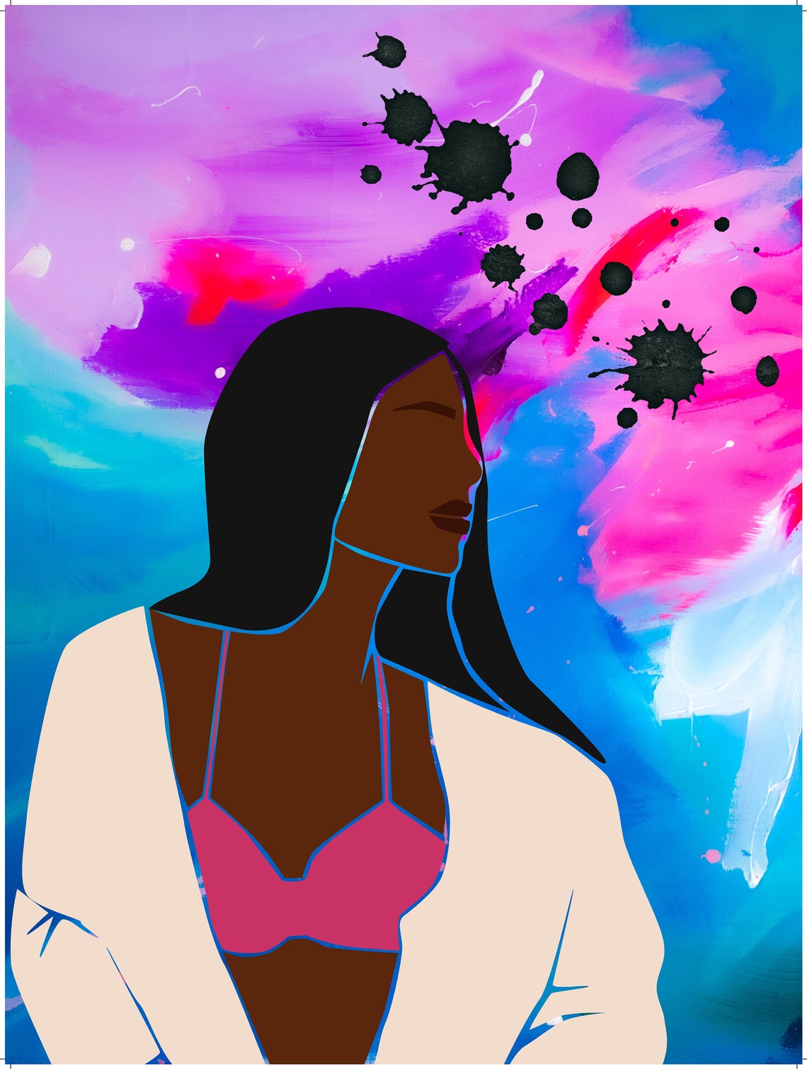 Bold Woman Pink Bra White Robe Colorful Paint Splash Art Poster - Image 3