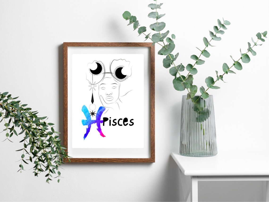 Pisces Zodiac Line Art Woman Watercolor Fish Glyph Star Sign Poster - Image 3