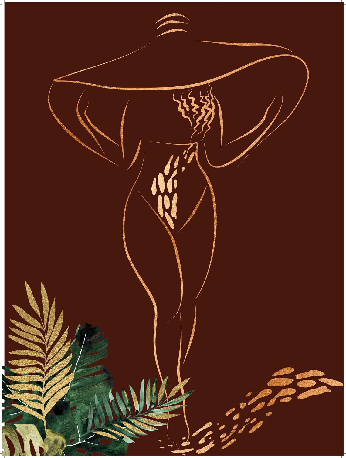 Gold Line Art Woman Wide Hat Tropical Leaves Chic Boho Art Print - Image 2