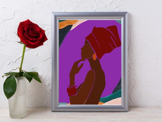 Red Headwrap Woman Profile Purple Abstract Modern Art Poster