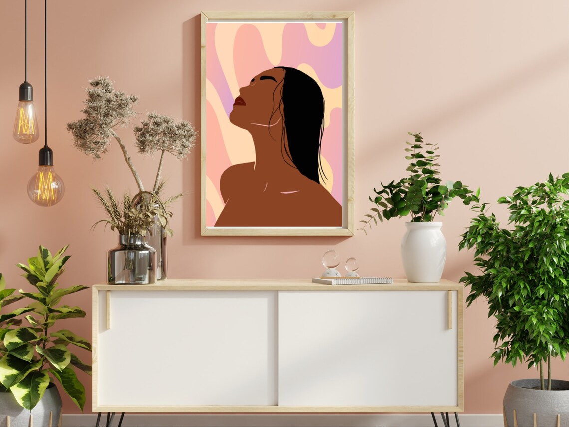 Dreamy Woman Looking Up Pastel Pink Waves Minimalist Art Poster - Image 3