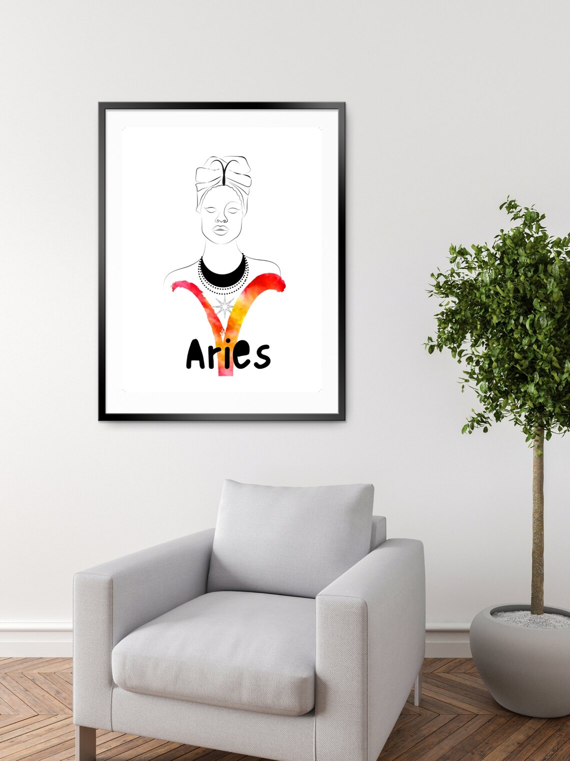 Aries Zodiac Line Art Woman Watercolor Ram Glyph Star Sign Poster - Image 3